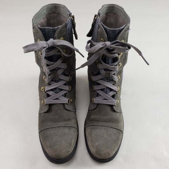 Sorel Major Carly Suede Boot Womens 8 Gray Blue Denim Ankle Side Zip Moto Combat - Picture 4 of 11
